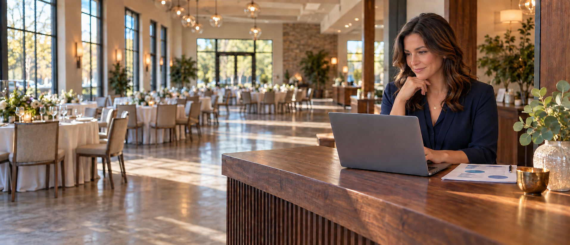 Business owner of private event venue reviewing proposal. 